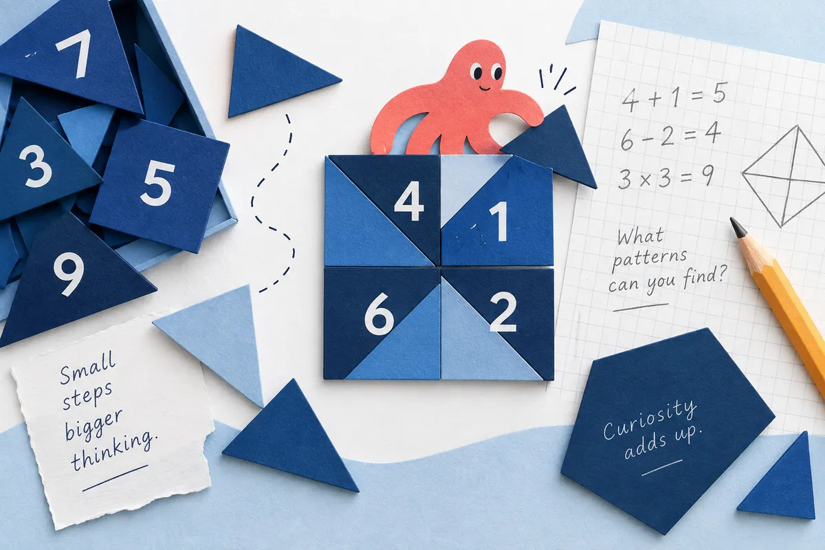 Illustration of number puzzles, paper shapes, and a pencil