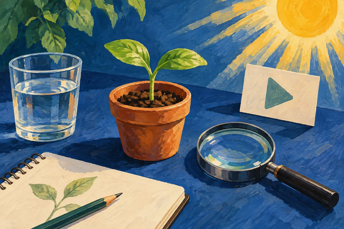 Illustration of a seedling, water, magnifying glass, and a notebook