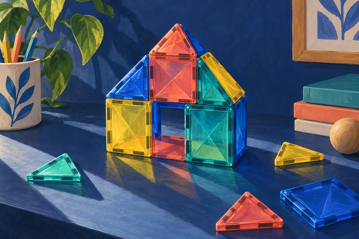 Painted illustration of a colorful magnetic-tile house