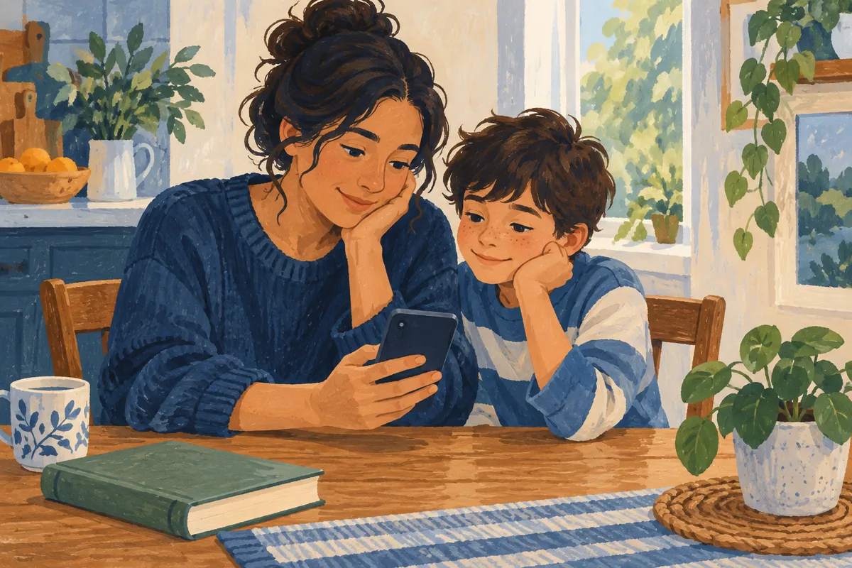 Painted illustration of a parent and child looking at a phone together at a kitchen table