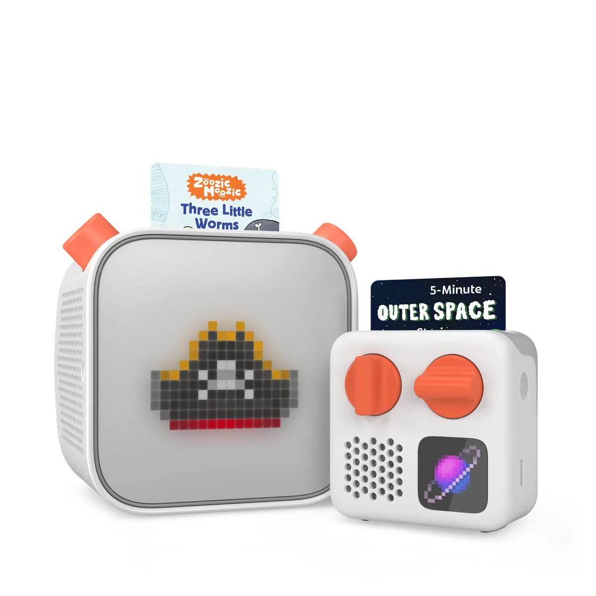 Yoto Player on the left and Yoto Mini on the right, with audio cards